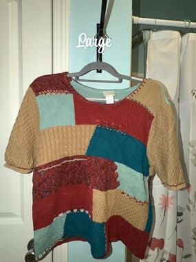 Koret Patchwork Scoop Neck Sweater - Teal, Red, Tan, Light Blue